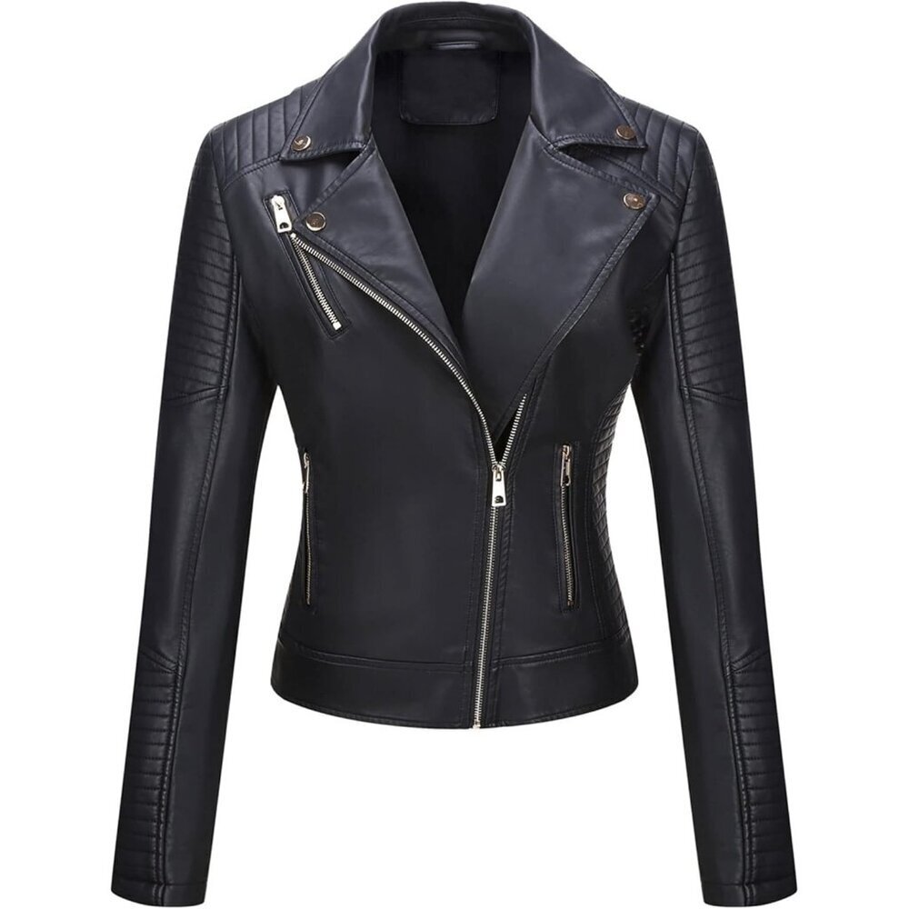 Women's Black Faux Leather Quilted Shoulders & Zipper Classic Biker Jacket